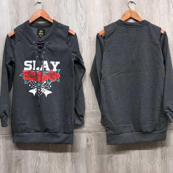 Slay Rock and Roll Cold Shoulder Sweatshirt A6 - Picture 2 of 3